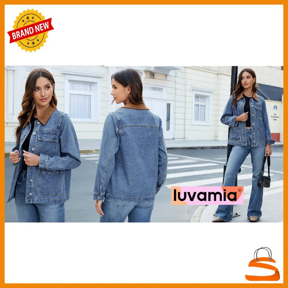 Oversized Denim Jacket with Corduroy Collar, Loose Fit, Button Front, Pockets - Picture 8 of 8